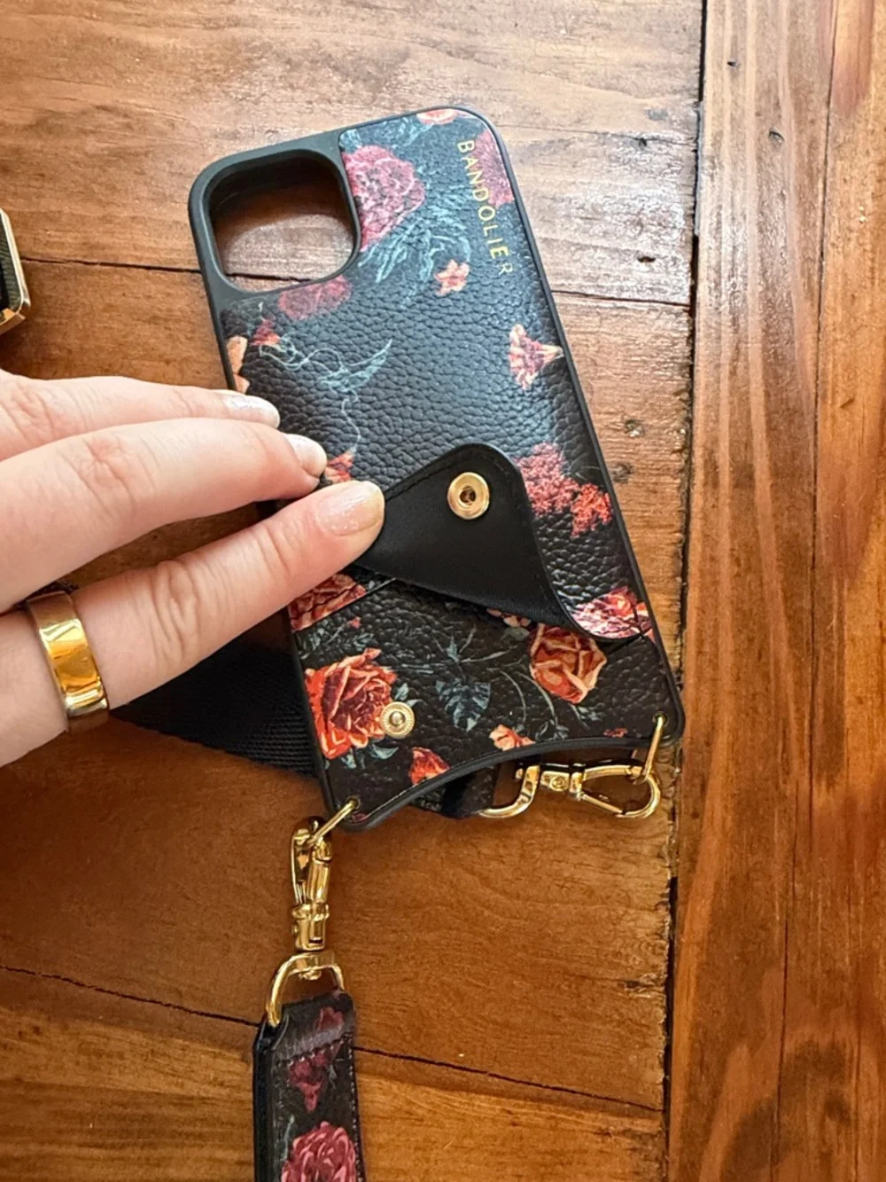 Bandolier Black Floral Crossbody iPhone 13 Case with Strap - Picture 2 of 3